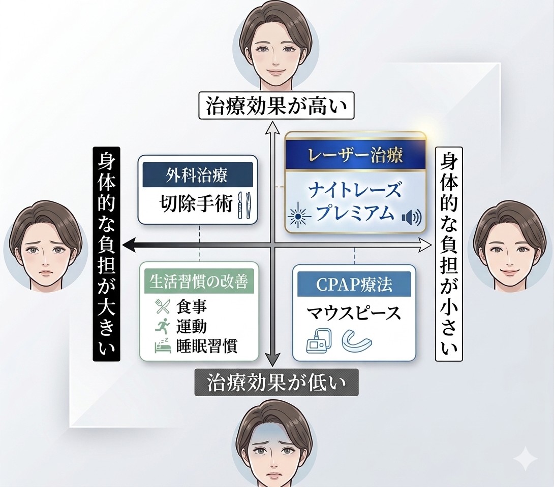 いびきに対する手段の位置づけ。縦軸が治療効果、横軸が身体的な負担。レーザー治療（ナイトレーズ プレミアム）は効果が高く負担が小さい領域、外科治療は効果が高いが負担が大きい領域、CPAP療法・マウスピースと生活習慣の改善は下側に位置する